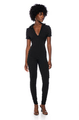 MAKE ME BELIEVE TEXTURED SHORT SLEEVE JUMPSUIT IN BLACK