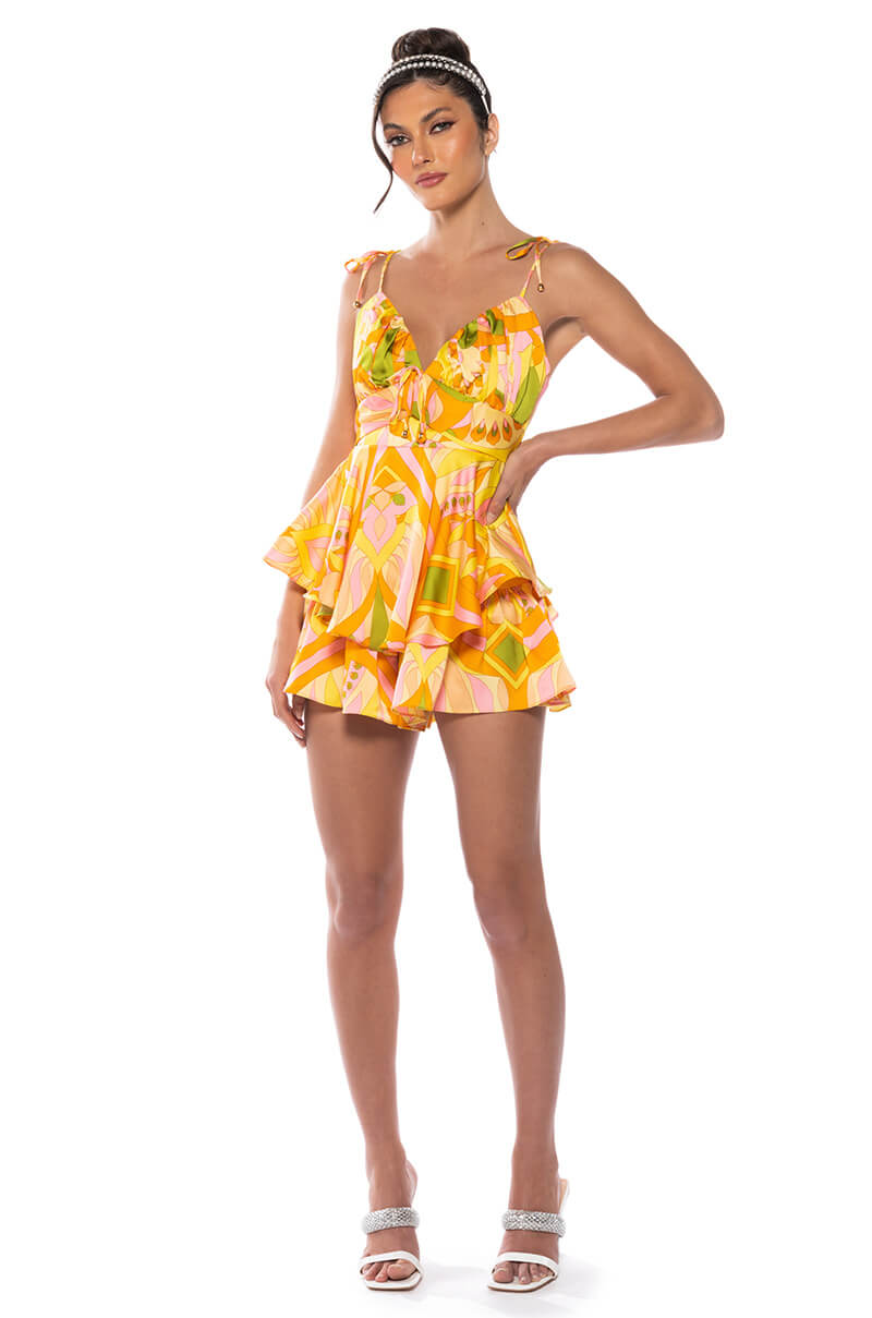 MY OWN STRIDE PATTERNED MINI ROMPER