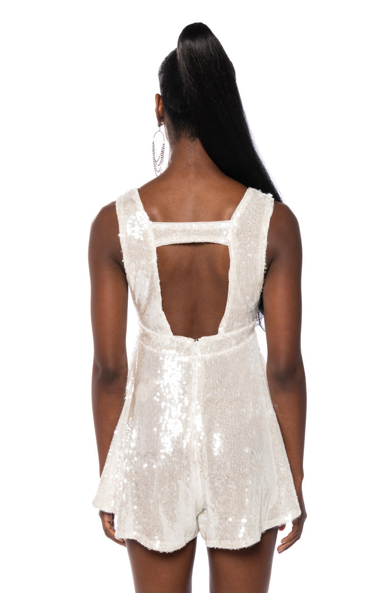 LYLA SLEEVELESS SEQUIN ROMPER IN WHITE