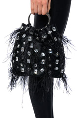 PHILIPPA EMBELISHED SATIN BAG IN BLACK