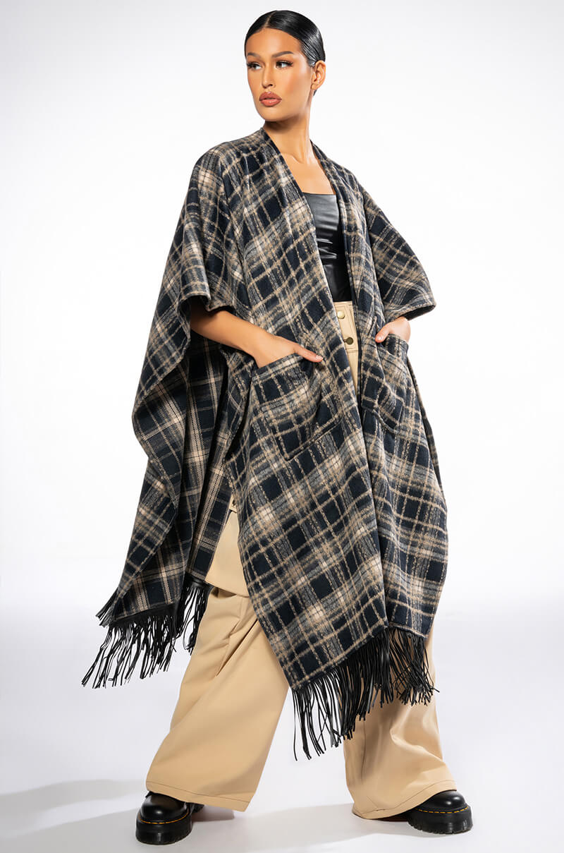 PLAID PU FRINGE PONCHO