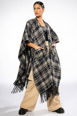 PLAID PU FRINGE PONCHO