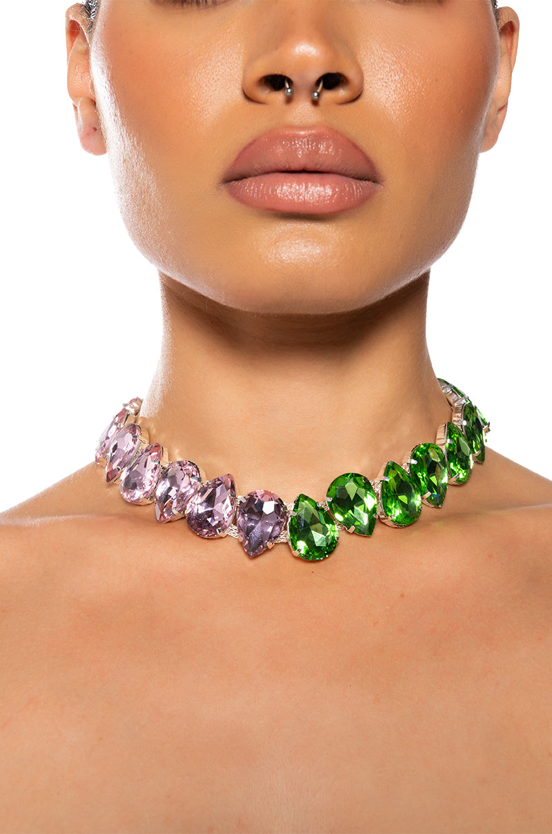 PRETTY IN PINK N GREEN RHINESTONE NECKLACE