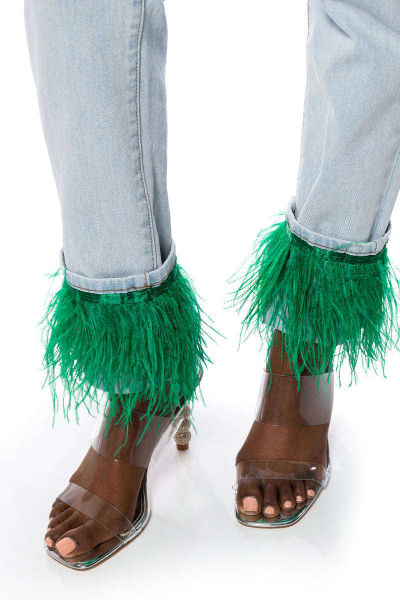 QUEEN OF EVERYTHING FEATHER DETAIL JEANS