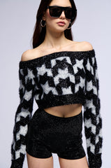 SHIMMER OFF THE SHOULDER CROPPED SWEATER