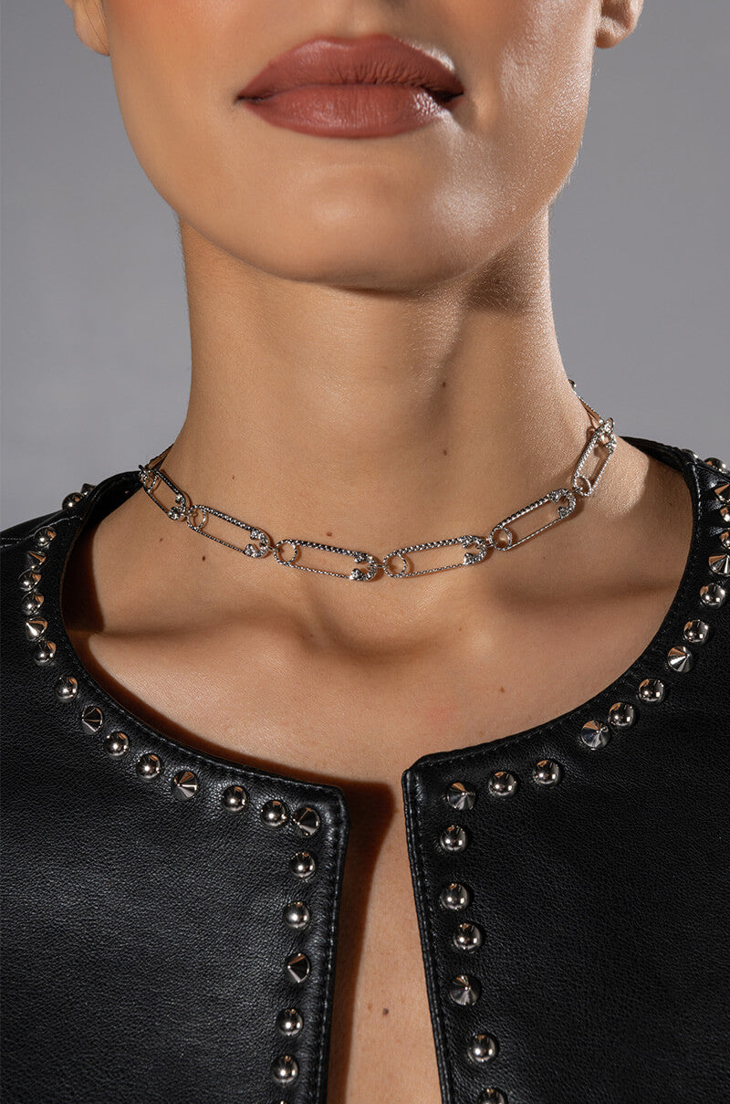 TAKE CAUTION RHINESTONE PAPERCLIP CHOKER
