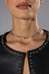 TAKE CAUTION RHINESTONE PAPERCLIP CHOKER