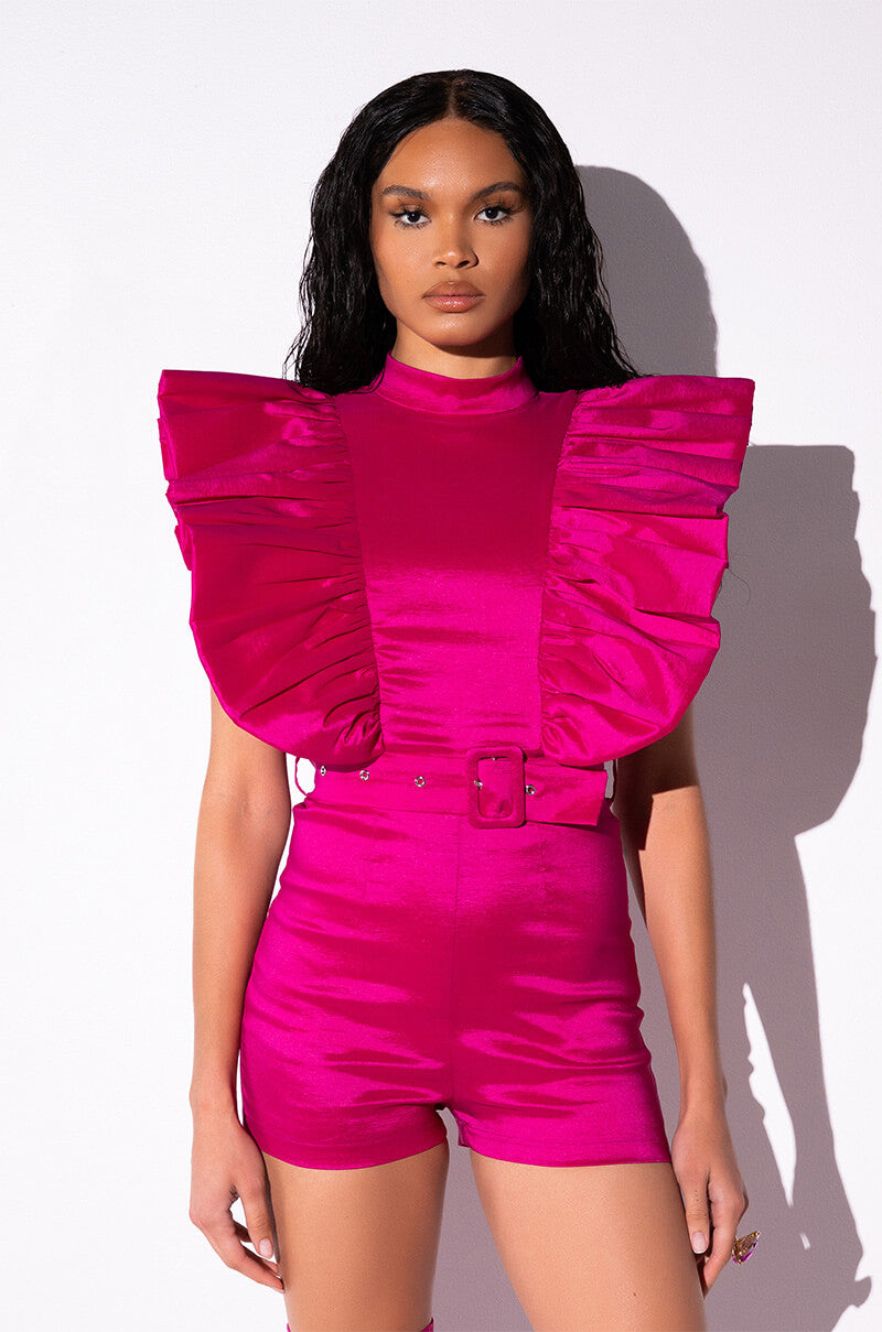 VALENTINA TAFFETA RUFFLE SLEEVE ROMPER